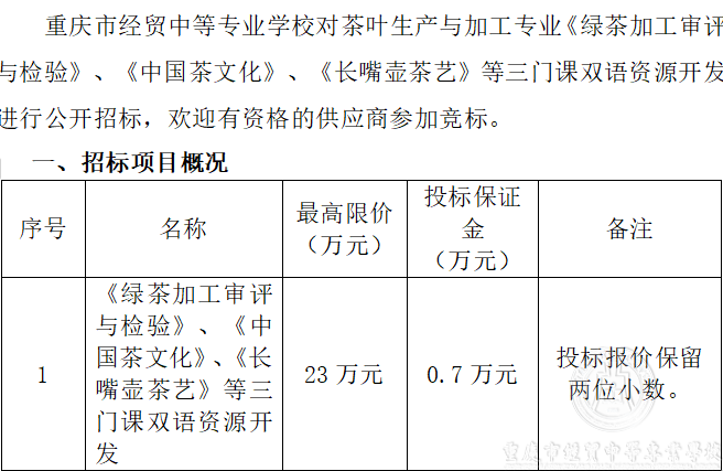 《綠茶加工審評與檢驗》等3門課雙語資源開發(fā)招標公告